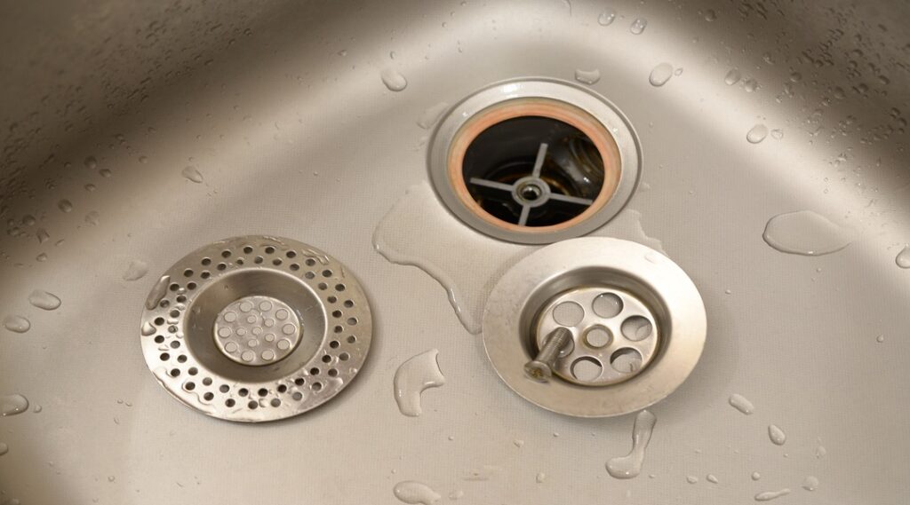 Silvery kitchen sink with a disassembled protective filter during the repair process